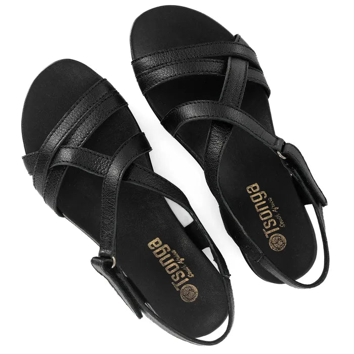 Black sandals with 'Tsonga' branding on a white background