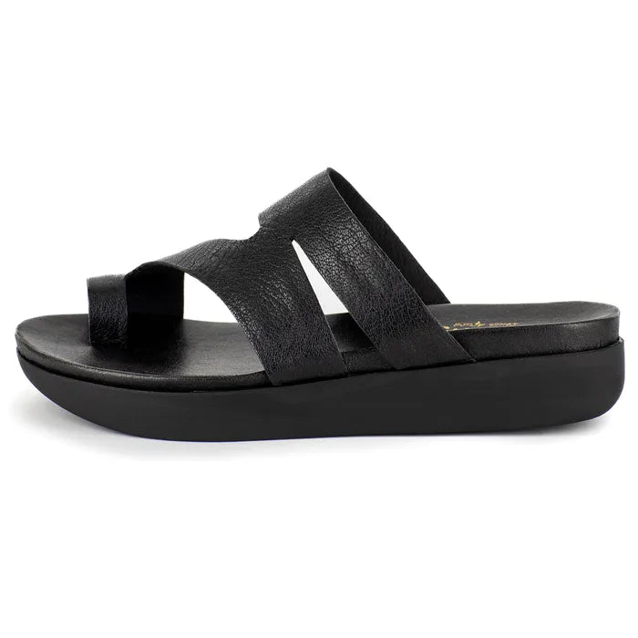 Black sandal with multiple straps on a white background