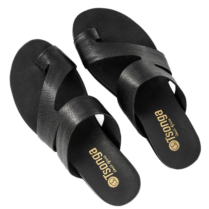 Black sandals with 'Tsonga' branding on a white background