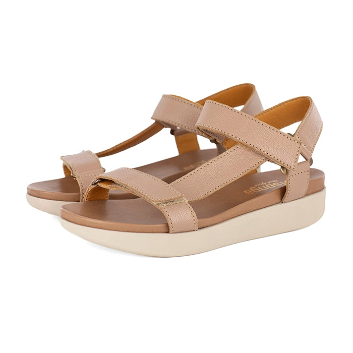 Beige sandals with multiple straps on a white background