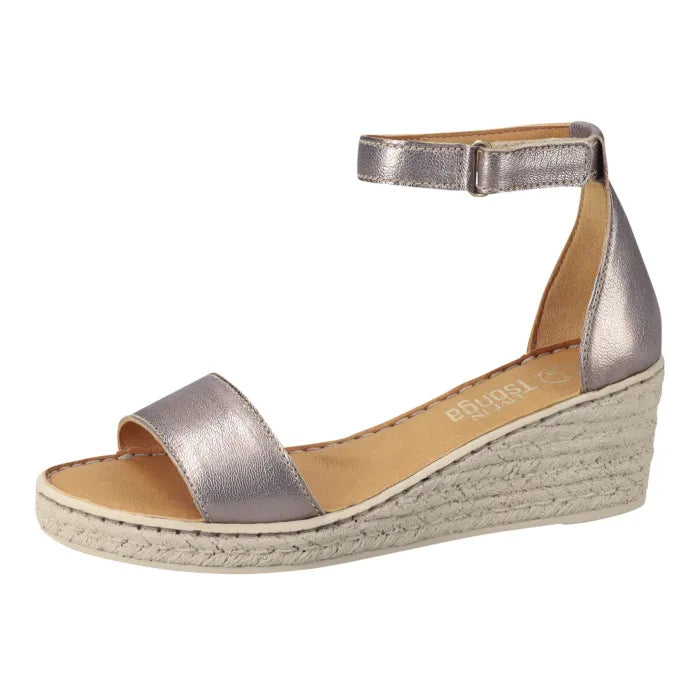 A metallic silver wedge espadrille sandal with an ankle strap and a single wide toe strap, shown from a side profile on a white background.