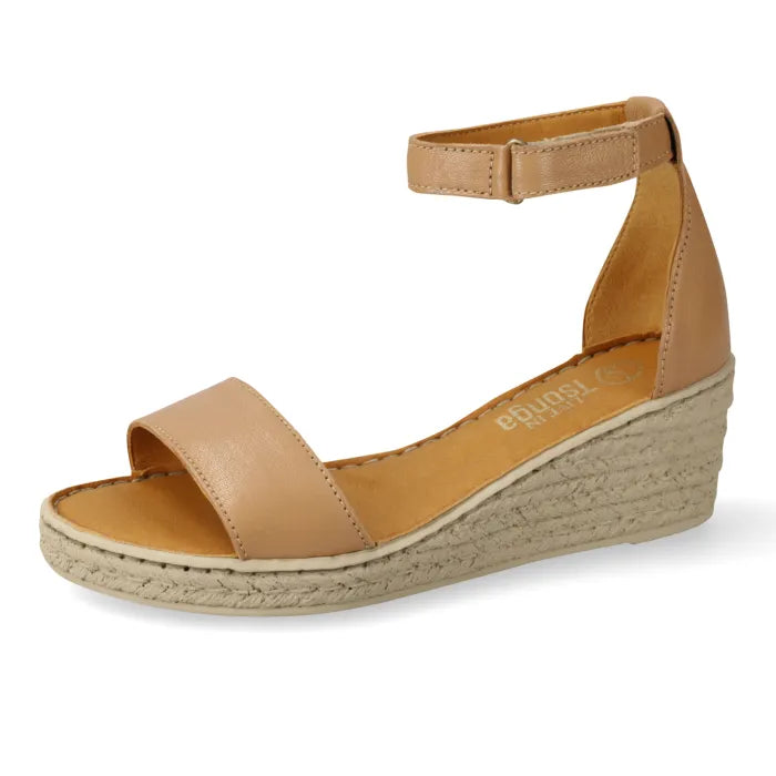 A single tan wedge sandal with an ankle strap and wedge heel, shown from a side profile on a white background.
