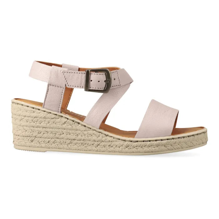 Beige wedge sandal with espadrille look sole on a white background
