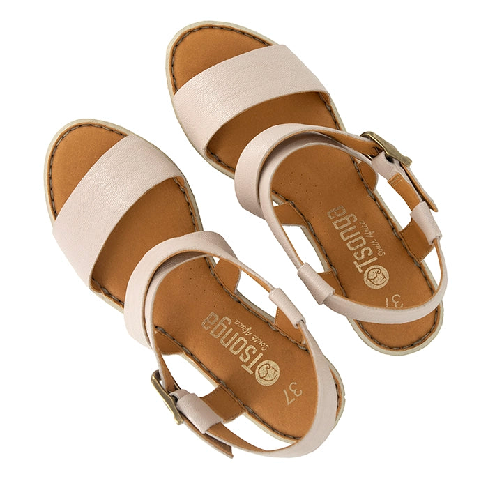 Pair of beige sandals with a visible brand logo on a white background