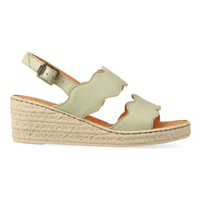 Light green sandal with espadrille print wedge sole on a white background