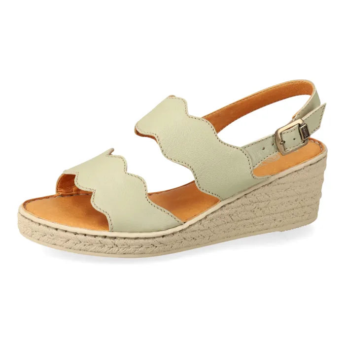 Mint wedge sandal with espadrille print sole on a white background
