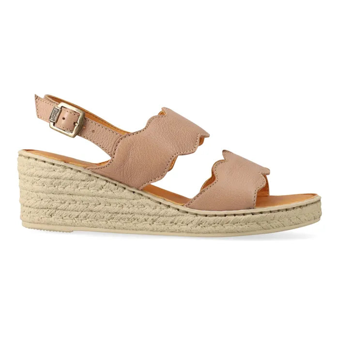 Beige wedge sandal with espadrille sole on a white background