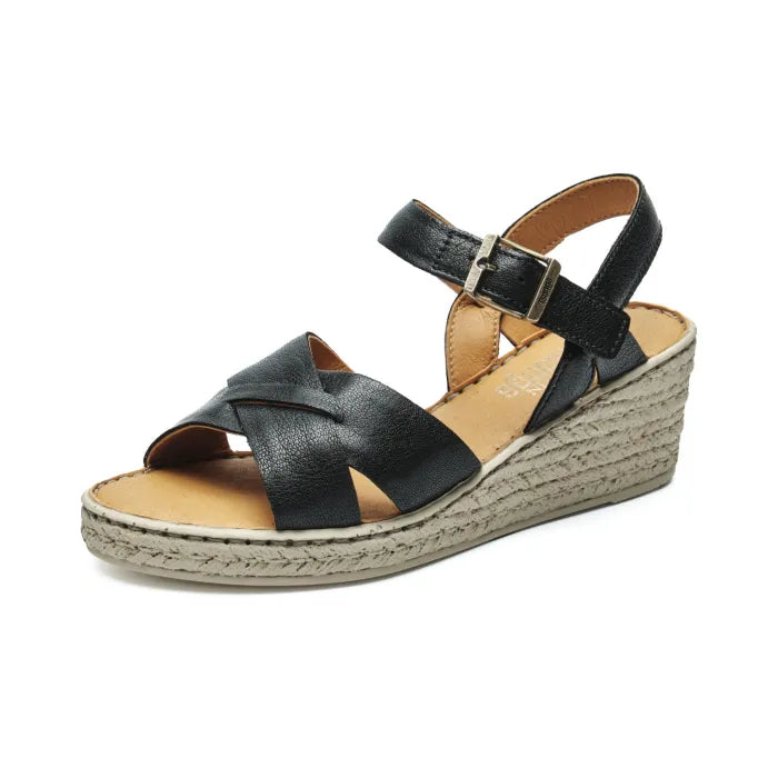 A single women's wedge sandal in black leather with a tan insole and a wedge heel, shown from a side profile on a white background.