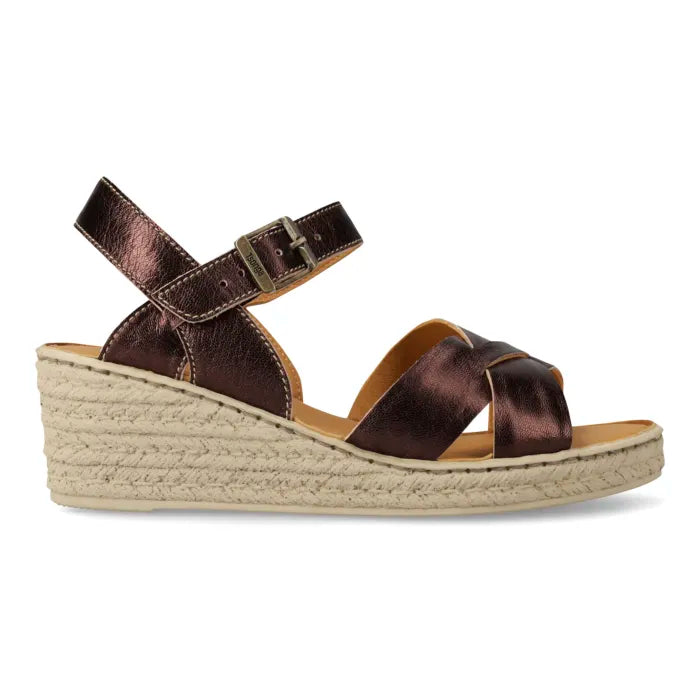 A single women's wedge sandal in dark brown leather with a wedge sole, shown from a side profile on a white background.
