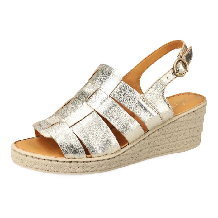 A single metallic silver espadrille looking wedge sandal with woven straps and an adjustable ankle strap, shown against a plain white background.