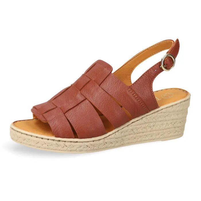 A single women's wedge sandal in a warm reddish-brown leather with a platform sole, shown from a side profile on a white background.