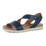 Blue sandal with off white sole on a white background