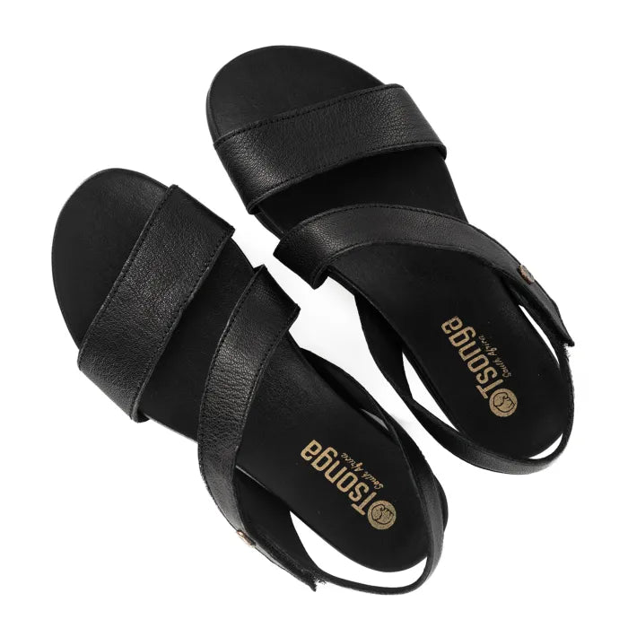 Black sandals with 'Tsonga' branding on a white background