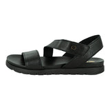 Black sandal with multiple straps on a white background