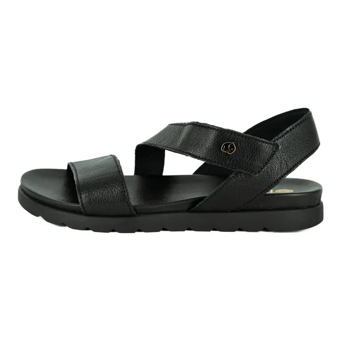 Black sandal with multiple straps on a white background