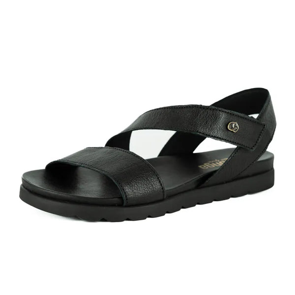 Black sandal with multiple straps on a white background