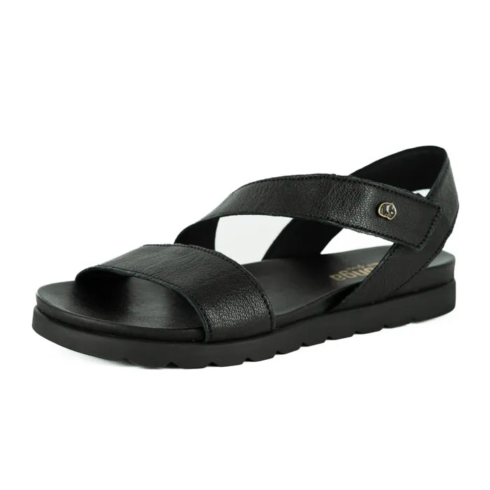 Black sandal with multiple straps on a white background