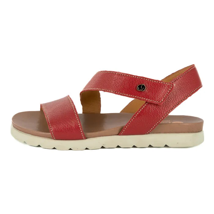 Red sandal with a off white sole on a white background