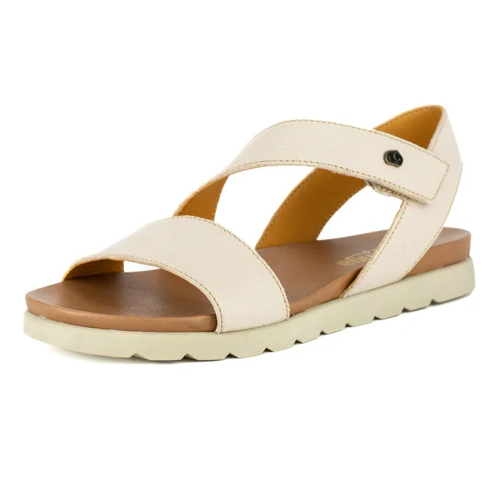 Beige sandal with off white sole on a white background