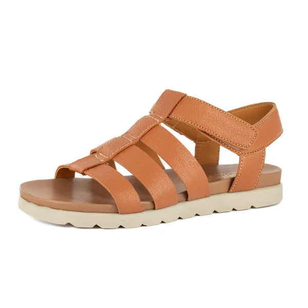 Tan sandal with multiple straps on a white background