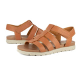 Pair of tan sandals with off white soles on a white background