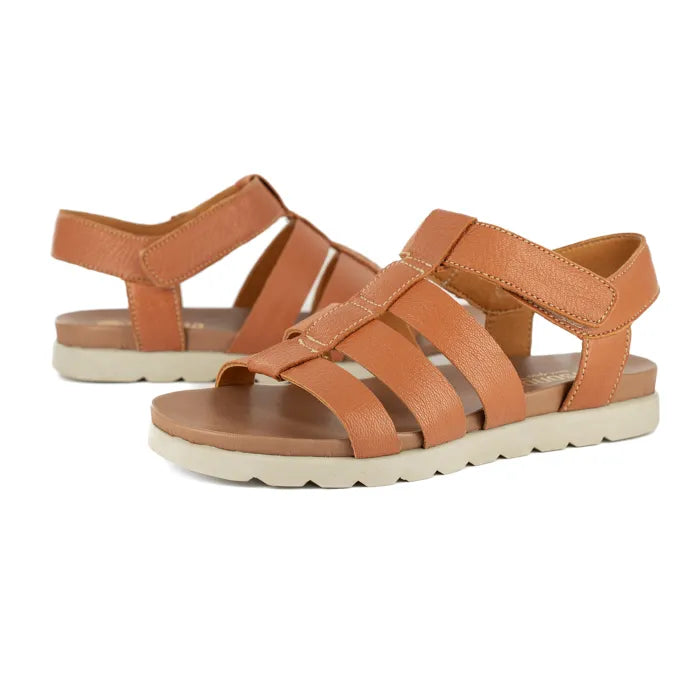 Pair of tan sandals with off white soles on a white background