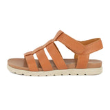 Tan sandal with multiple straps on a white background