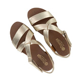 Pair of gold sandals with tan soles on a white background