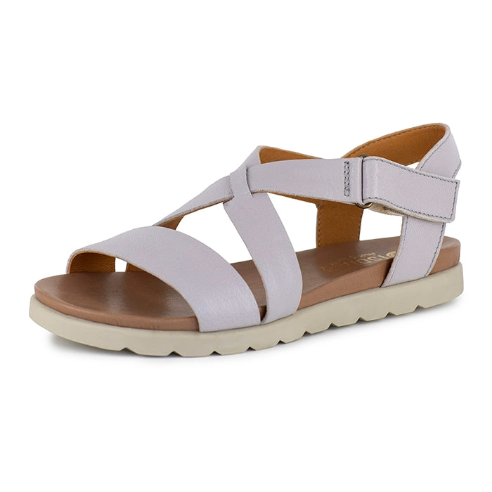 Light grey sandal with off white sole on a white background