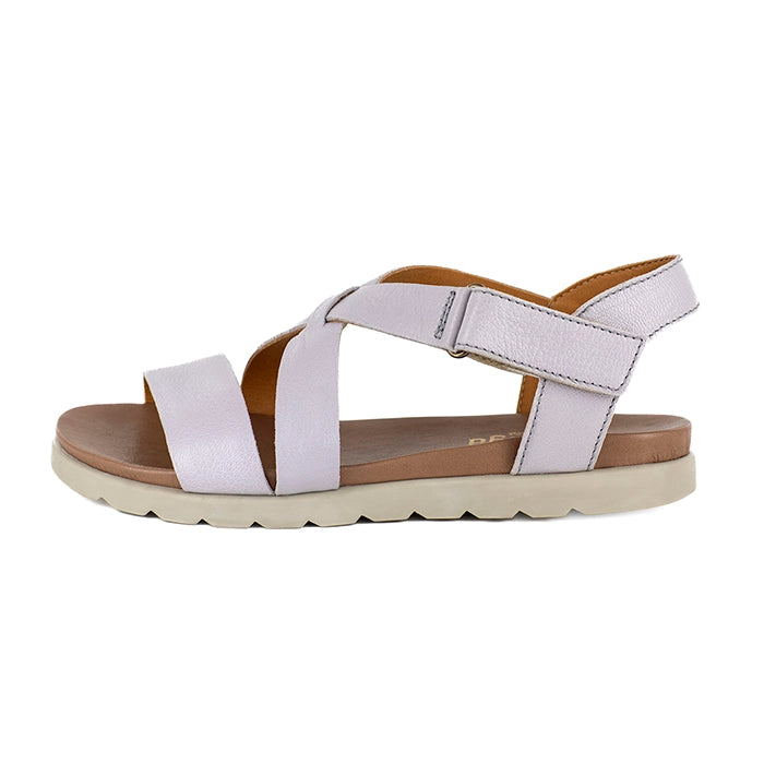 Light grey sandal with off white sole on a white background