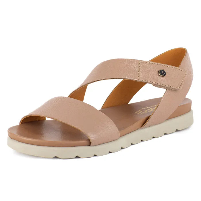 Beige sandal with a off-white sole on a white background