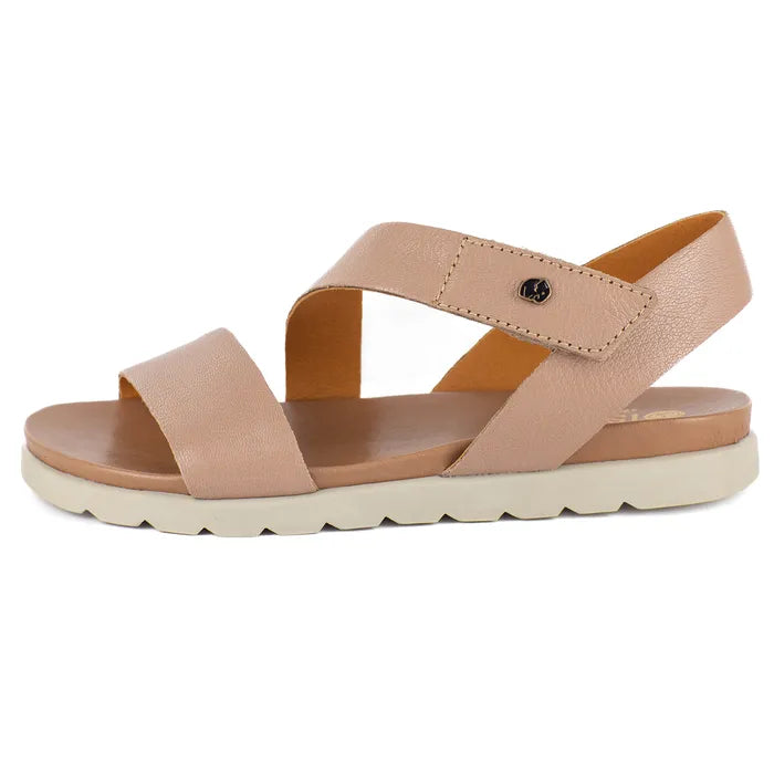 Beige sandal with a off-white sole on a white background