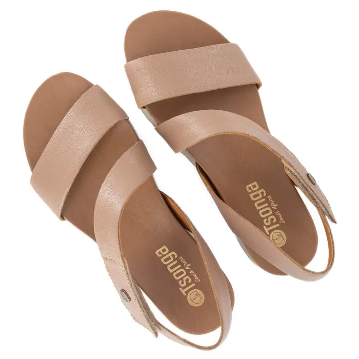 Pair of beige sandals with 'Tsonga' branding on a white background