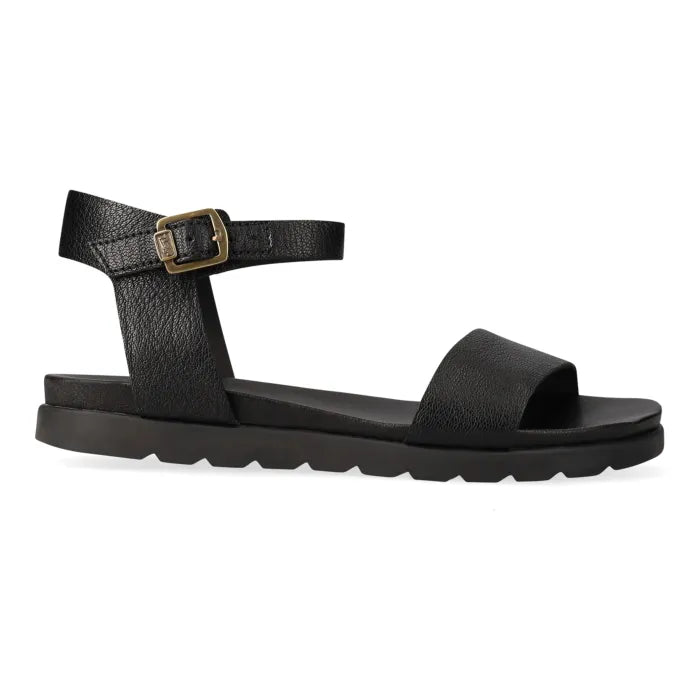 Black sandal with a strap and buckle on a white background