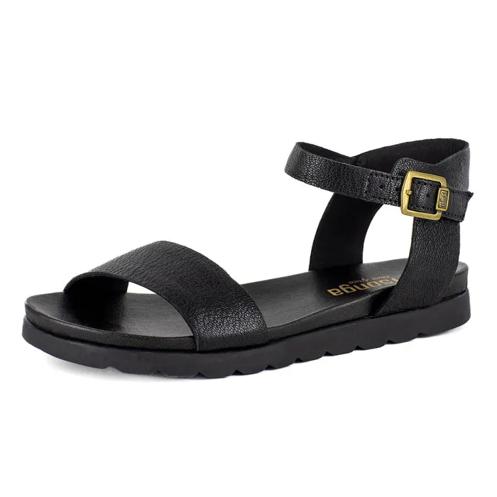 Black sandal with a gold buckle on a white background
