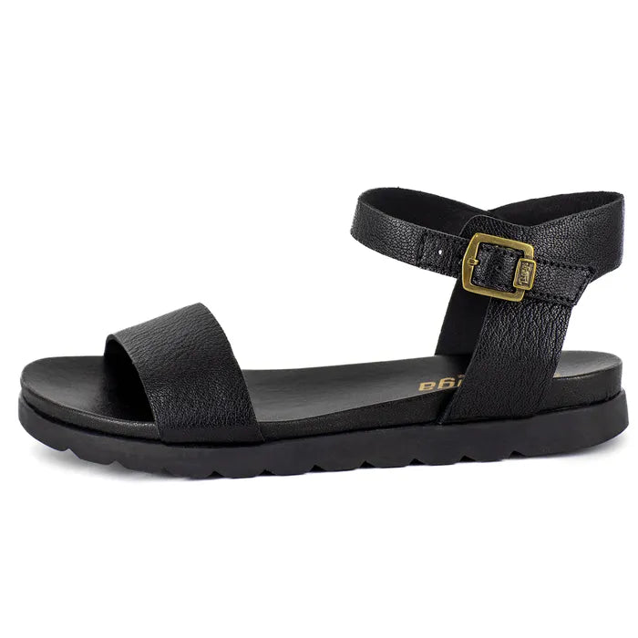 Black sandal with a gold buckle on a white background