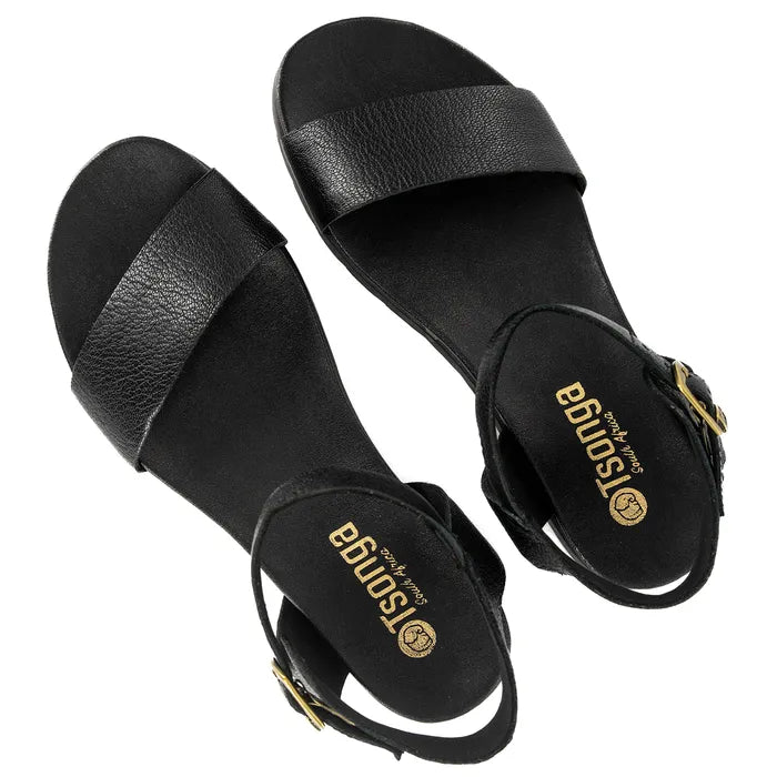 Black sandals with 'Tsonga' branding on a white background