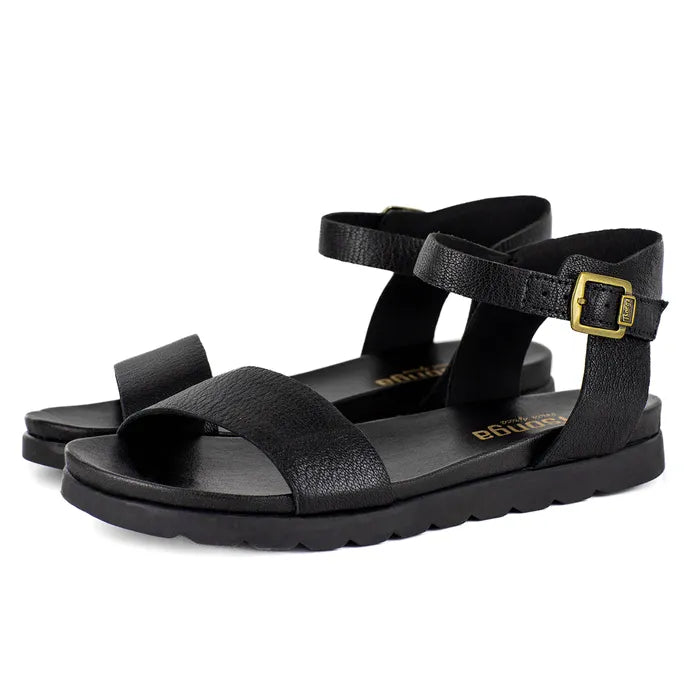 Black sandals with a gold buckle on a white background