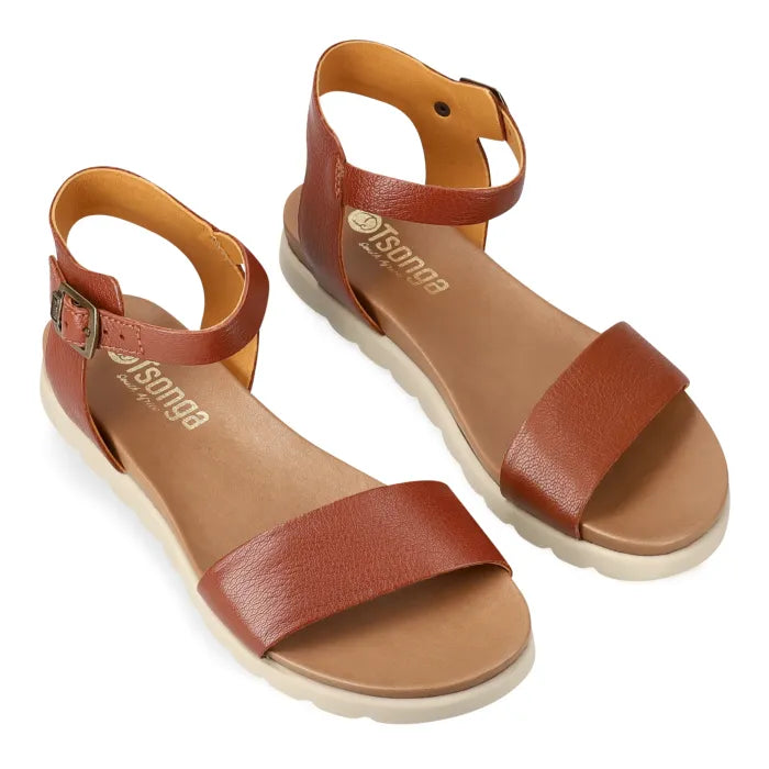Brown sandal with ankle strap.