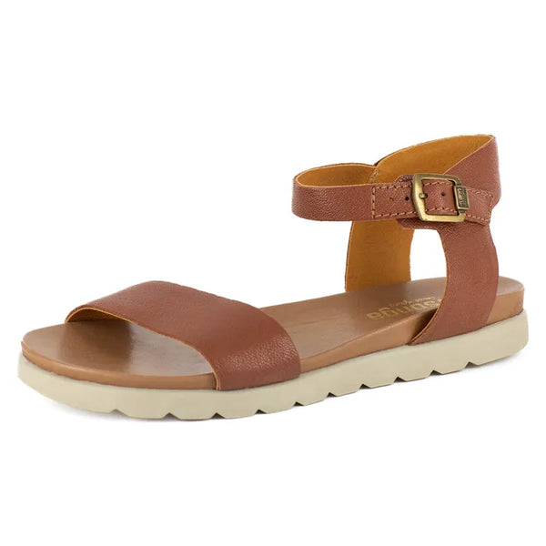 Brown sandal with a off-white sole on a white background