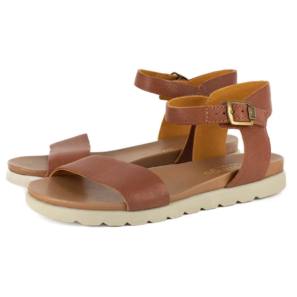 Brown sandals with a off-white sole on a white background