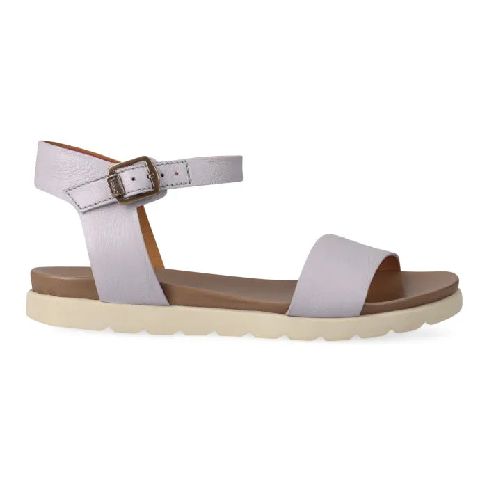 Light grey sandal with a off white sole on a white background