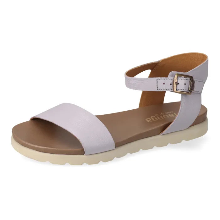 Sandal with light grey strap and off white sole on a white background