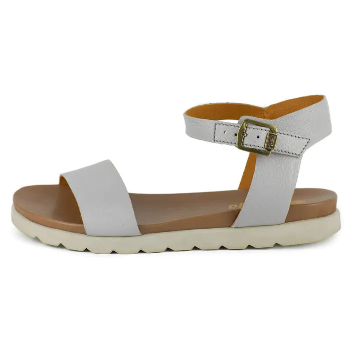 Grey sandal with a off-white sole on a white background