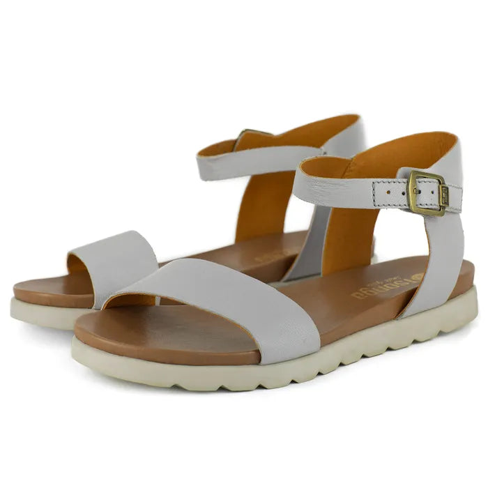 Grey sandals with off-white soles on a white background