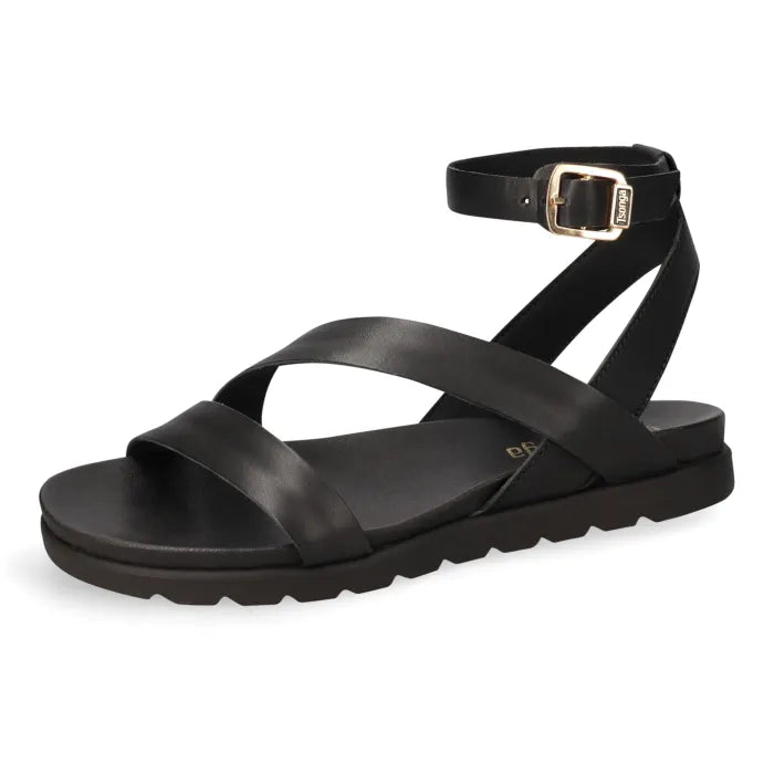 A black leather strappy sandal with an adjustable ankle strap and a gold-tone buckle, shown from a three-quarters angle on a white background.