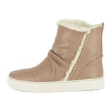 Beige ankle boot with white fur lining on a white background