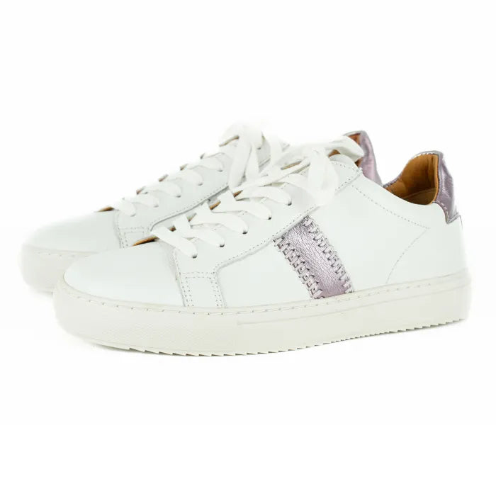 White sneakers with a purple accent on a white background