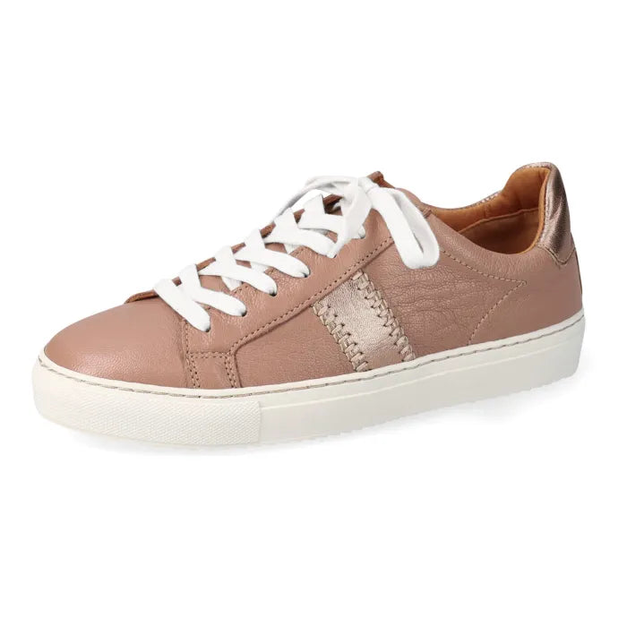 Beige sneaker with white laces on a white background