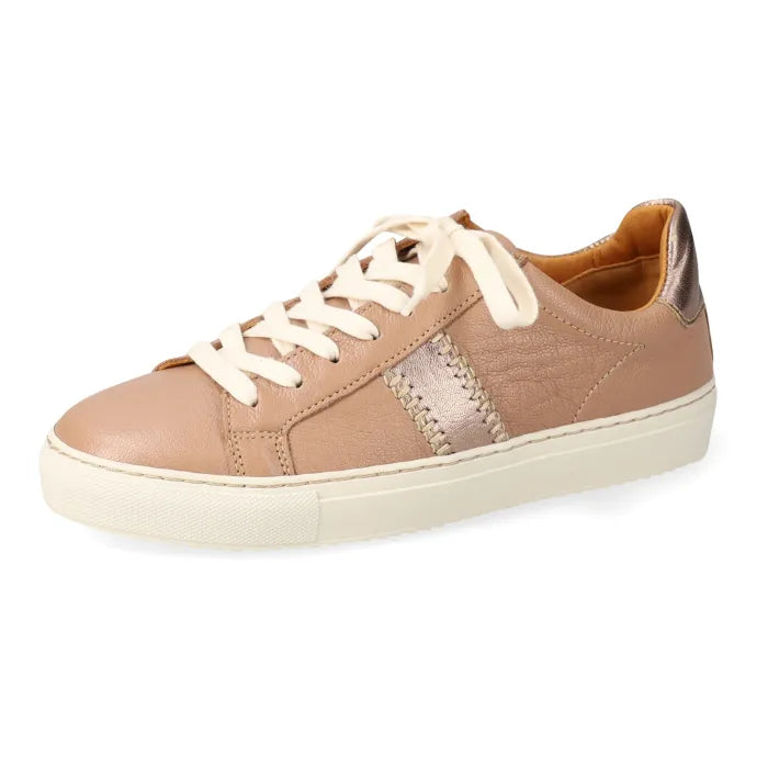 Beige sneaker with white laces on a white background